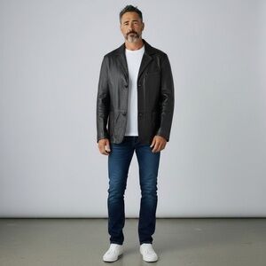 Vintage Black Genuine Leather Blazer Jacket – Men’s Size 42 L